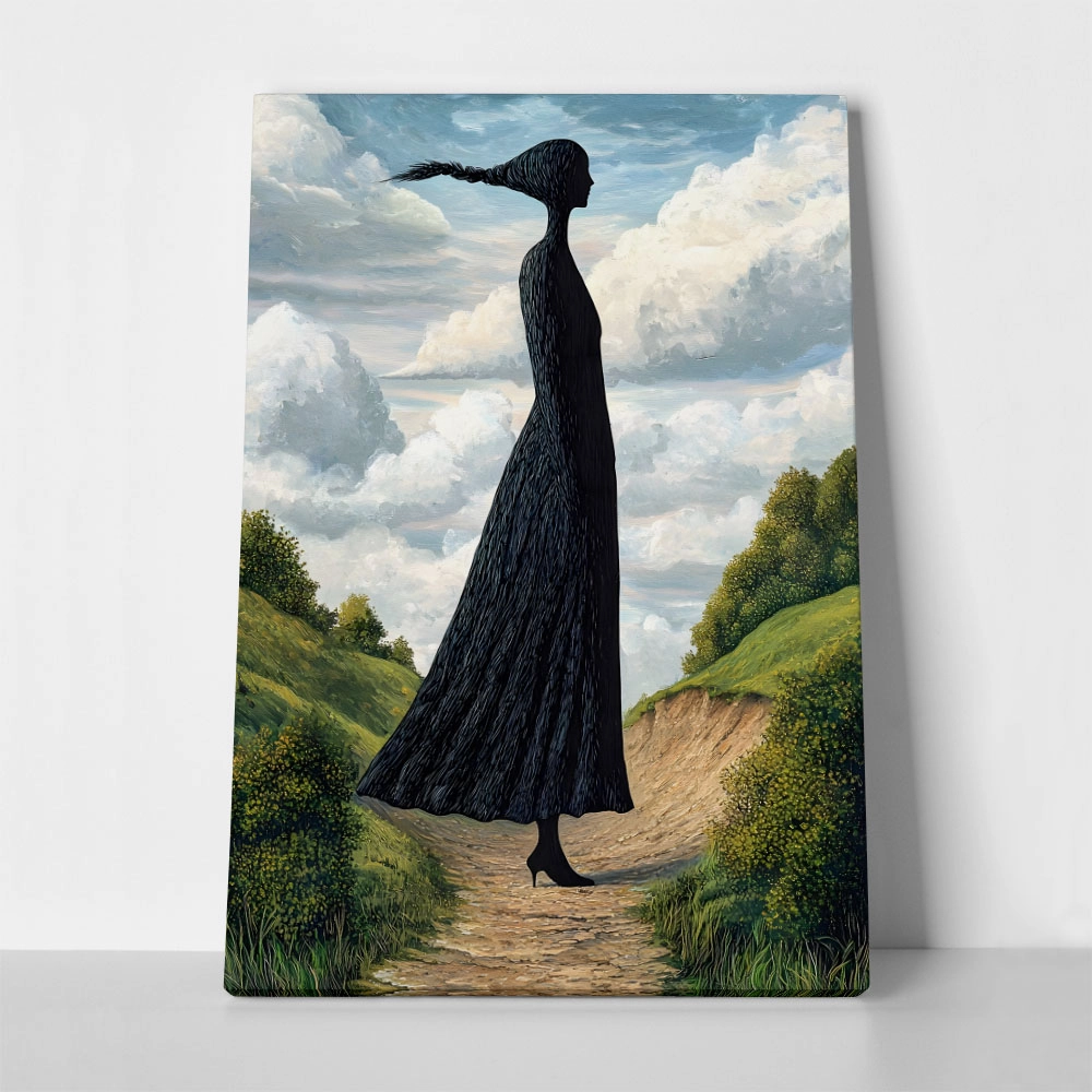 Πινακας σε καμβά BLACK FIGURED WOMAN ON PATH RETRO DREAMSCAPE