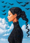 Πινακας σε καμβά BLACK HAIRED WOMAN WITH BIRDS RETRO DREAMSCAPE