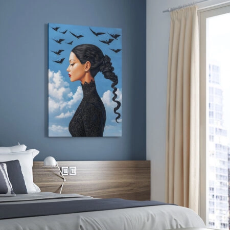Πινακας σε καμβά BLACK HAIRED WOMAN WITH BIRDS RETRO DREAMSCAPE