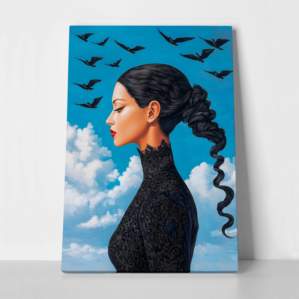 Πινακας σε καμβά BLACK HAIRED WOMAN WITH BIRDS RETRO DREAMSCAPE
