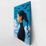 Πινακας σε καμβά BLACK HAIRED WOMAN WITH BIRDS RETRO DREAMSCAPE