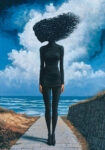 Πινακας σε καμβά BLACK SILHOUETTE IN FRONT OF SEA RETRO DREAMSCAPE