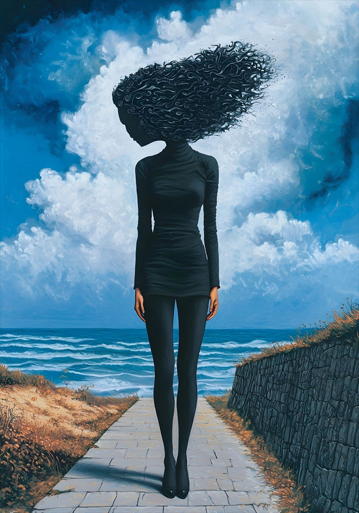 Πινακας σε καμβά BLACK SILHOUETTE IN FRONT OF SEA RETRO DREAMSCAPE