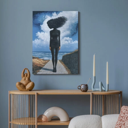 Πινακας σε καμβά BLACK SILHOUETTE IN FRONT OF SEA RETRO DREAMSCAPE