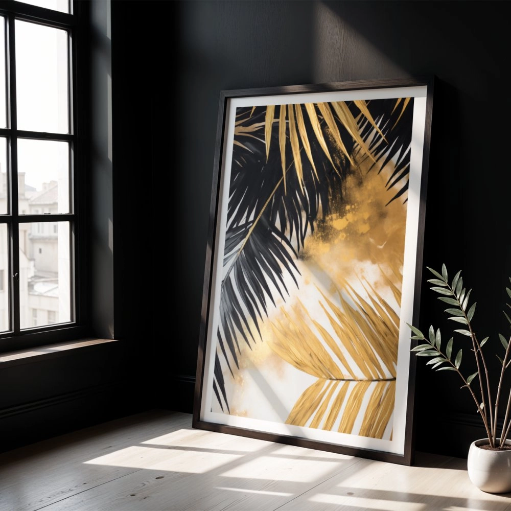 Πόστερ BLACK AND GOLD PALM LEAVES