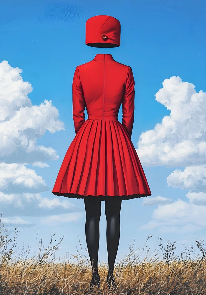 Πινακας σε καμβά RED DRESSED HEADLESS WOMAN WITH HAT RETRO DREAMSCAPE