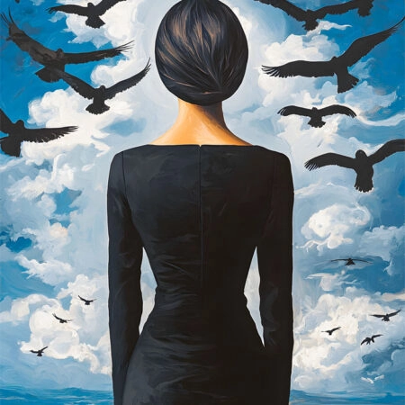 Πινακας σε καμβά WOMAN LOOKING AT BIRDS RETRO DREAMSCAPE - Πορτραιτα και Φιγουρες Sticky 6