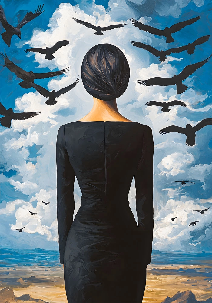 Πινακας σε καμβά WOMAN LOOKING AT BIRDS RETRO DREAMSCAPE