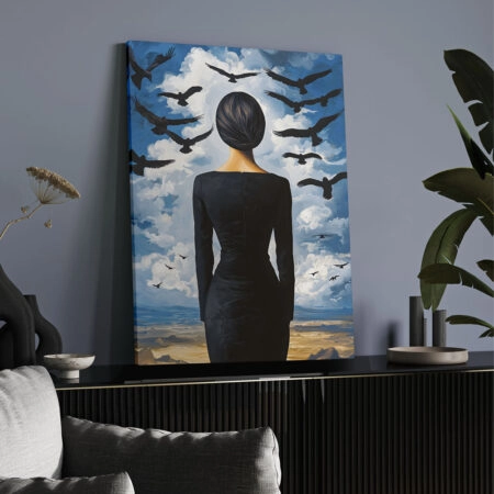 Πινακας σε καμβά WOMAN LOOKING AT BIRDS RETRO DREAMSCAPE