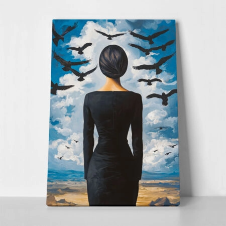 Πινακας σε καμβά WOMAN LOOKING AT BIRDS RETRO DREAMSCAPE - Πορτραιτα και Φιγουρες Sticky 1
