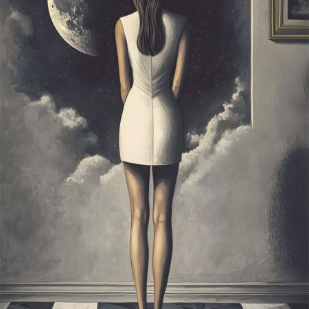 Πινακας σε καμβά WOMAN STARING AT THE MOON RETRO DREAMSCAPE - Εργα Τεχνης Sticky 6