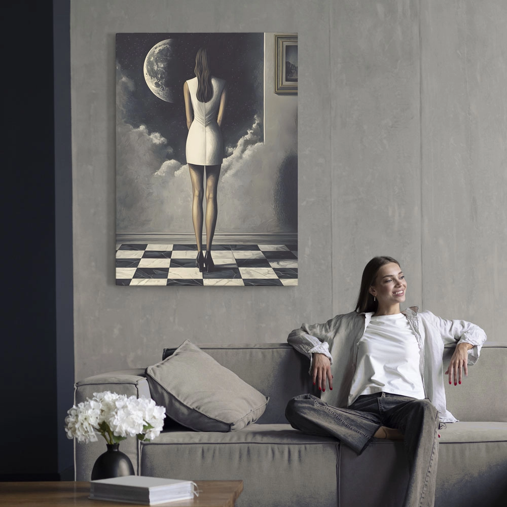 Πινακας σε καμβά WOMAN STARING AT THE MOON RETRO DREAMSCAPE