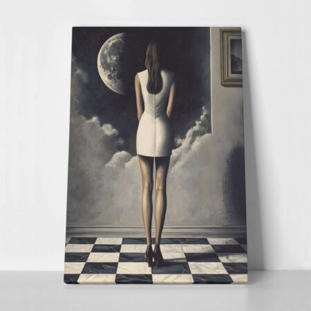 Πινακας σε καμβά WOMAN STARING AT THE MOON RETRO DREAMSCAPE - Εργα Τεχνης Sticky 1