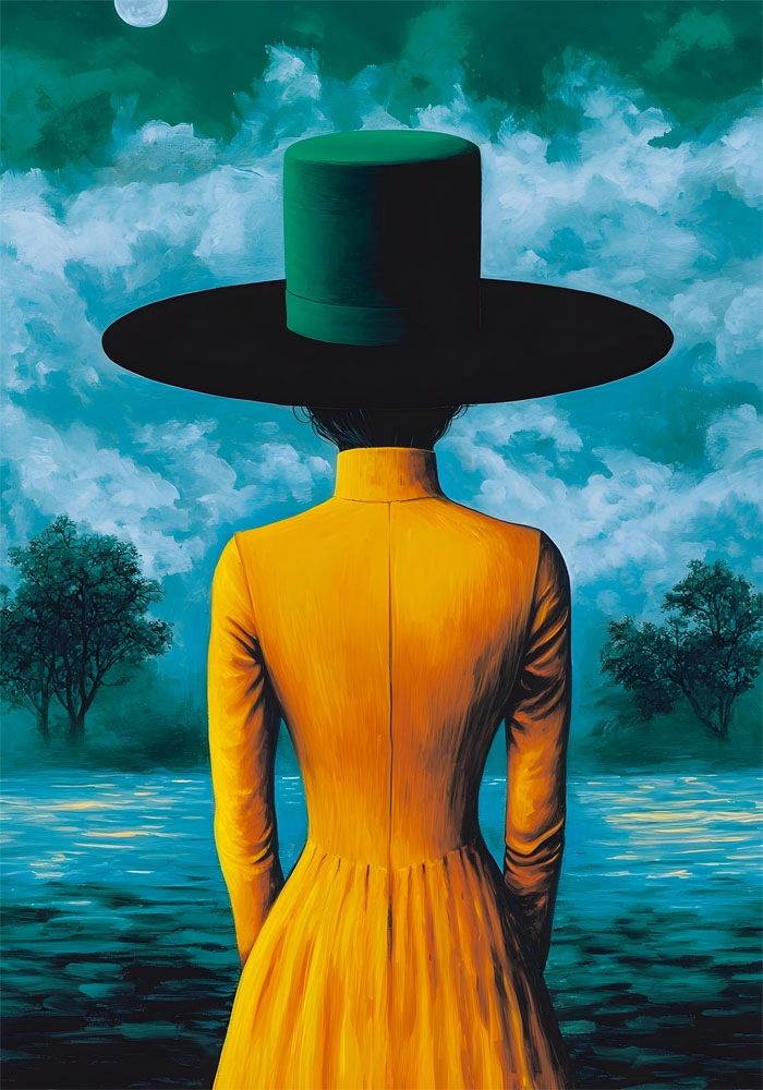 Πινακας σε καμβά WOMAN WITH ORANGE DRESS AND GREEN HAT RETRO DREAMSCAPE