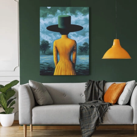 Πινακας σε καμβά WOMAN WITH ORANGE DRESS AND GREEN HAT RETRO DREAMSCAPE