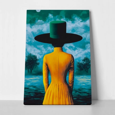 Πινακας σε καμβά WOMAN WITH ORANGE DRESS AND GREEN HAT RETRO DREAMSCAPE - Εργα Τεχνης Sticky 1