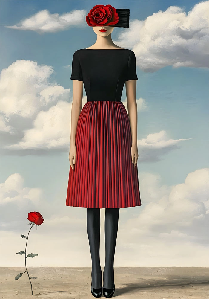 Πινακας σε καμβά WOMAN WITH RED DRESS AND ROSE RETRO DREAMSCAPE