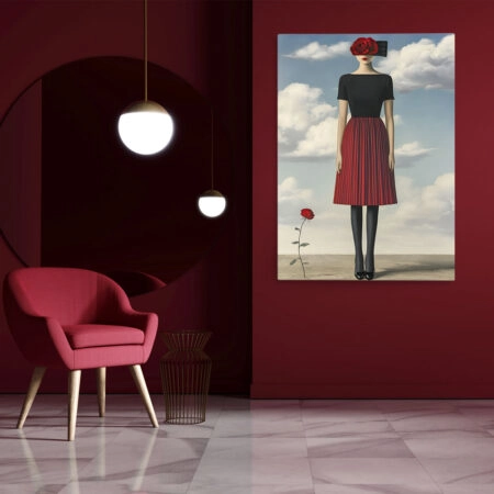 Πινακας σε καμβά WOMAN WITH RED DRESS AND ROSE RETRO DREAMSCAPE