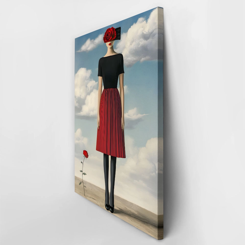 Πινακας σε καμβά WOMAN WITH RED DRESS AND ROSE RETRO DREAMSCAPE