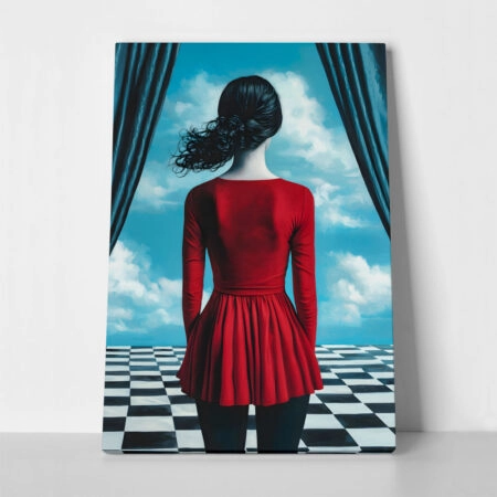 Πινακας σε καμβά WOMAN WITH RED DRESS ON CHESSBOARD RETRO DREAMSCAPE - Πορτραιτα και Φιγουρες Sticky 1