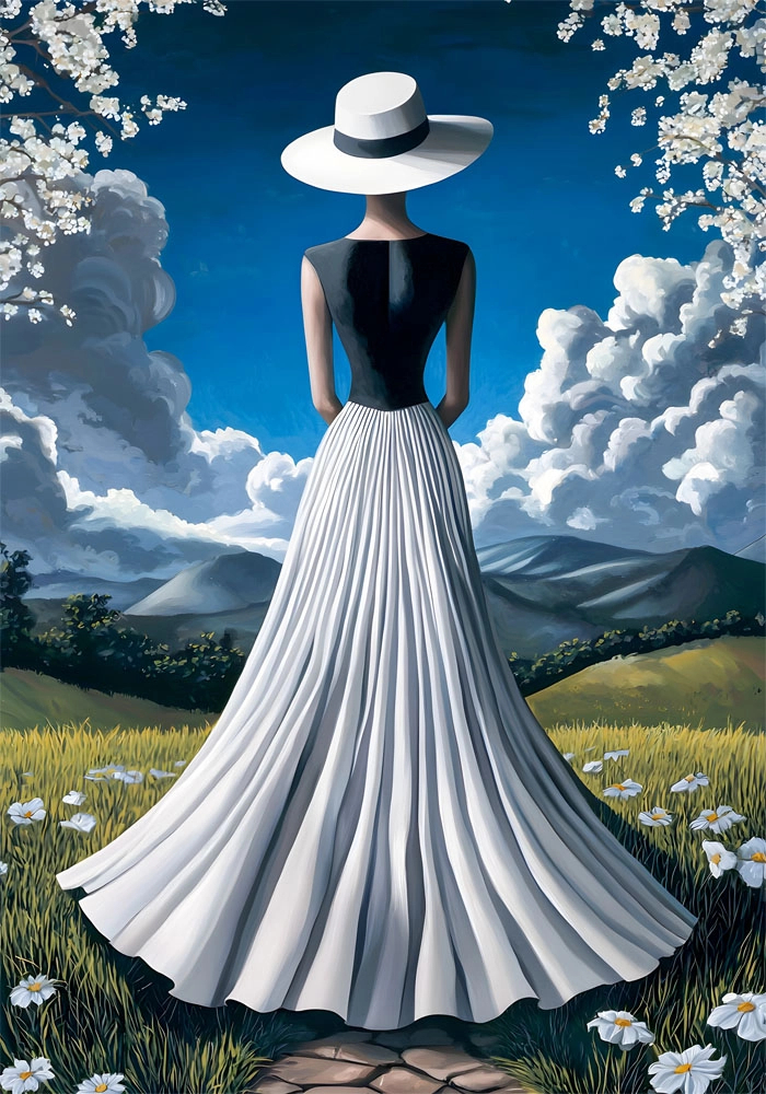 Πινακας σε καμβά WOMAN WITH WHITE DRESS IN FIELD RETRO DREAMSCAPE