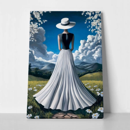Πινακας σε καμβά WOMAN WITH WHITE DRESS IN FIELD RETRO DREAMSCAPE - Μοδα και Διασκεδαση Sticky 1