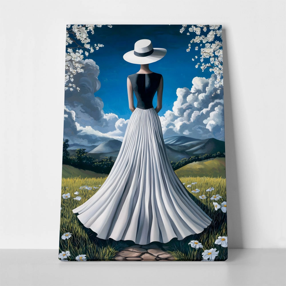 Πινακας σε καμβά WOMAN WITH WHITE DRESS IN FIELD RETRO DREAMSCAPE