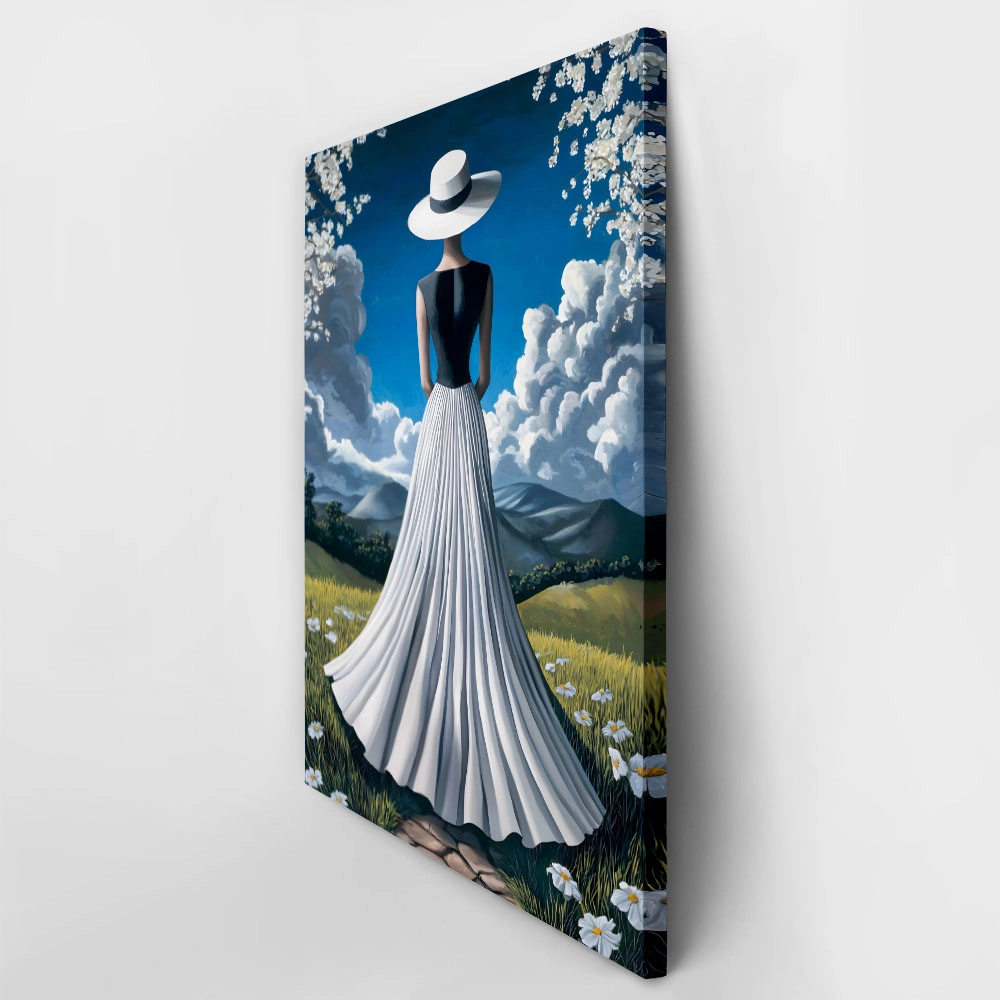 Πινακας σε καμβά WOMAN WITH WHITE DRESS IN FIELD RETRO DREAMSCAPE