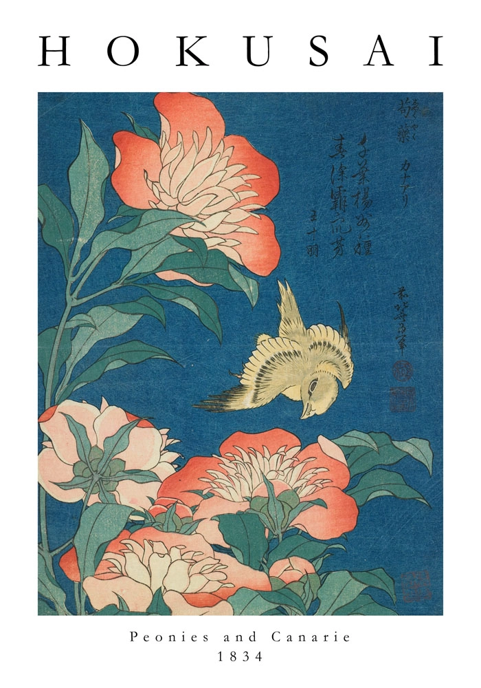 Πόστερ HOKUSAI - PEONIES AND CANARY