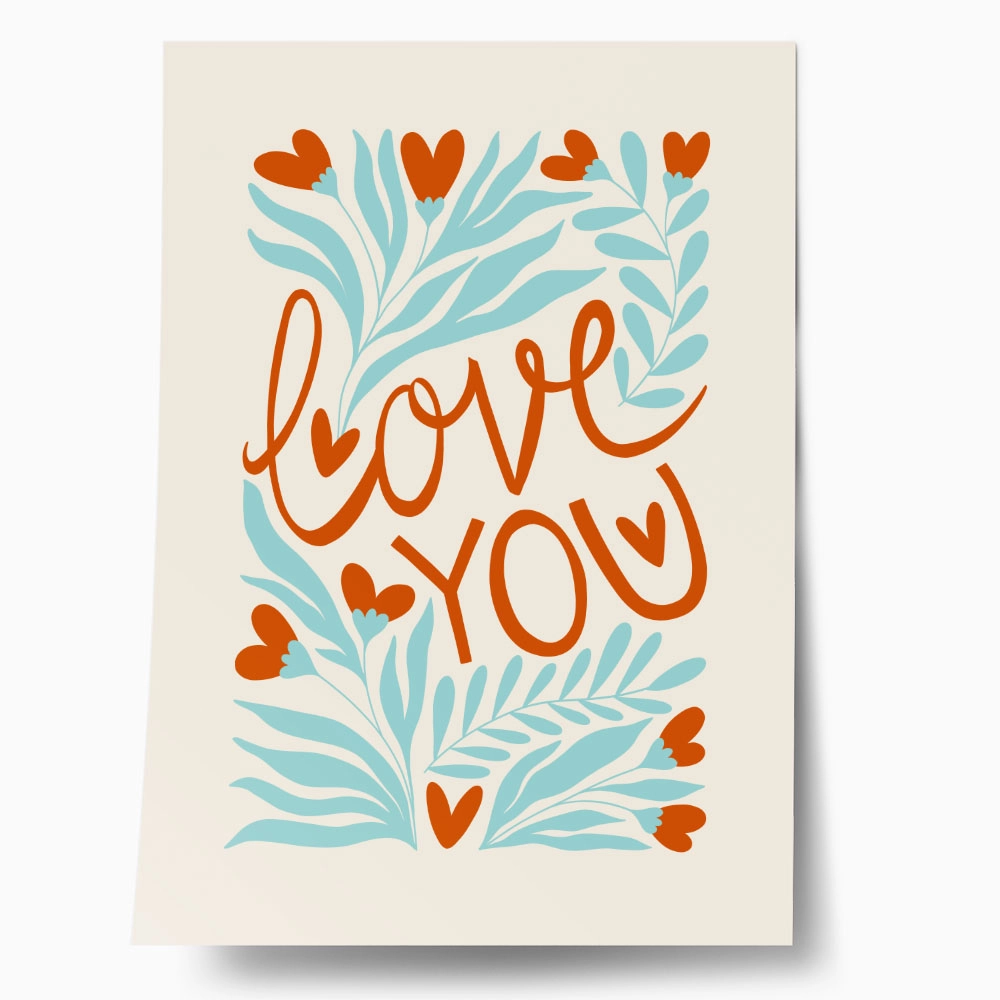 Πόστερ LOVE FLORAL RED AND CYAN