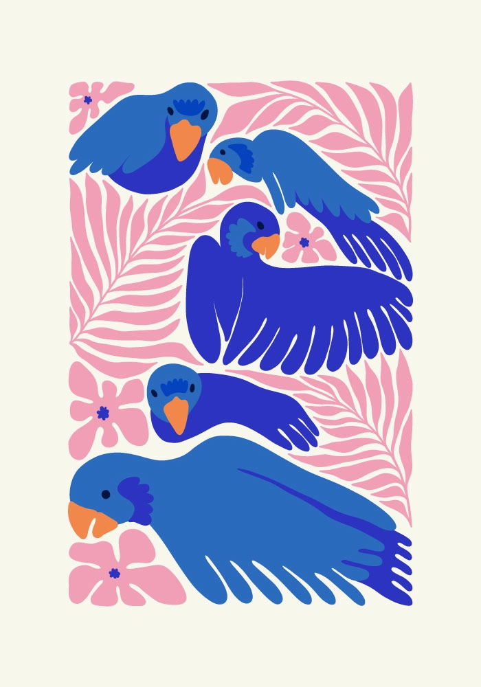 Πόστερ MATISSE STYLE TROPICAL PARROTS AND FLOWERS