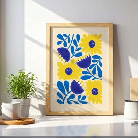 Πόστερ YELLOW AND BLUE ABSTRACT FLORAL