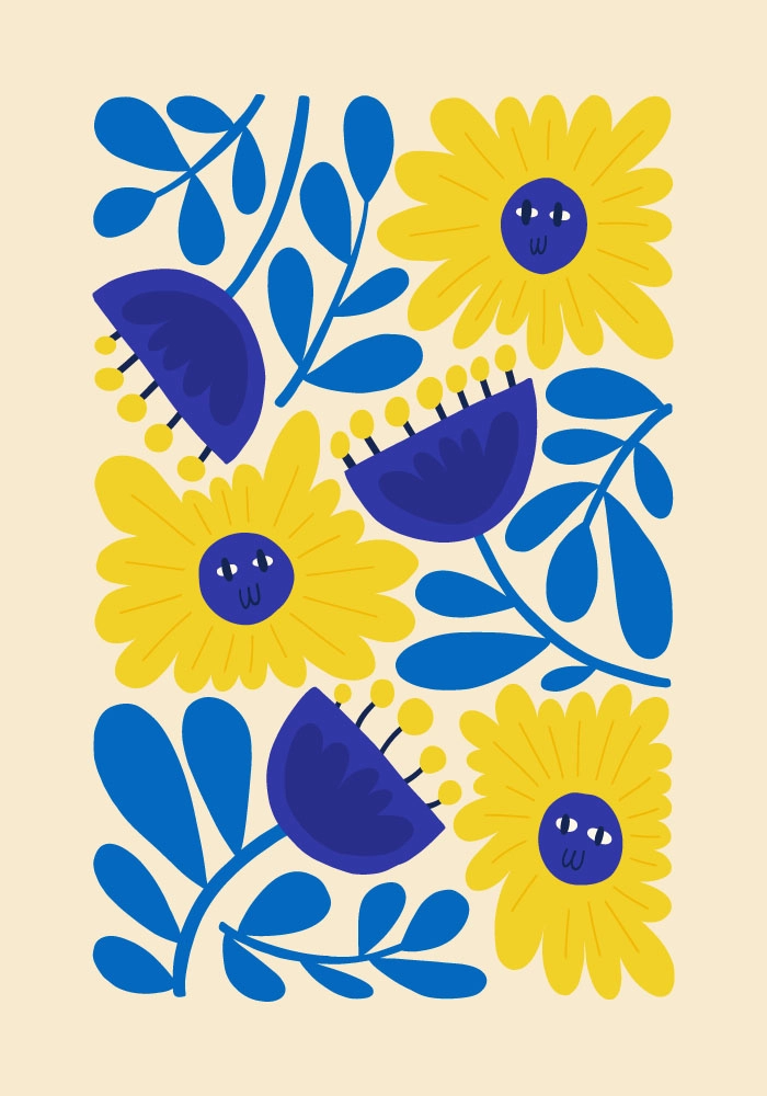 Πόστερ YELLOW AND BLUE ABSTRACT FLORAL