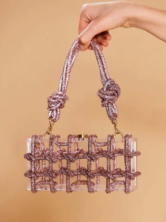 Διάφανο τσαντάκι clutch με strass σε ροζ