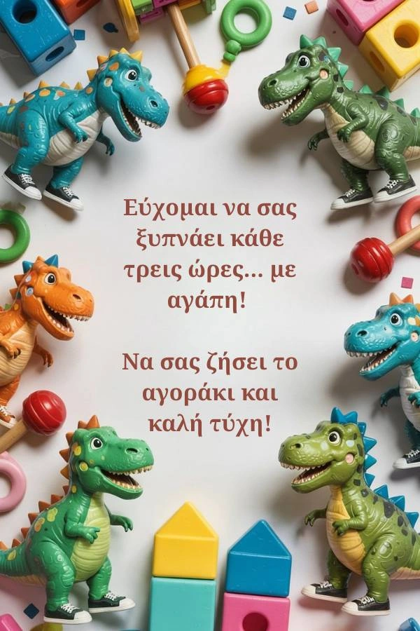 120 Ευχές για Νεογέννητο: Αγόρι, Κορίτσι (Δωρεάν Κάρτες) 6 Ευχετήρια κάρτα για νεογέννητο αγοράκι με παιχνίδια δεινόσαυρους και τουβλάκια. Το κείμενο της κάρτας γράφει: Εύχομαι να σας ξυπνάει κάθε τρεις ώρες... με αγάπη! Να σας ζήσει το αγοράκι και καλή τύχη!