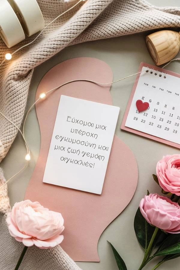 120 Ευχές για Νεογέννητο: Αγόρι, Κορίτσι (Δωρεάν Κάρτες) 15 Ευχετήρια κάρτα σε σχήμα εγκυμονούσας κοιλιάς με ροζ τριαντάφυλλα και διακόσμηση. Το κείμενο της κάρτας γράφει: Εύχομαι μια υπέροχη εγκυμοσύνη και μια ζωή γεμάτη αγκαλιές!