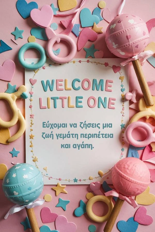 120 Ευχές για Νεογέννητο: Αγόρι, Κορίτσι (Δωρεάν Κάρτες) 14 Ευχετήρια κάρτα για νεογέννητο με πολύχρωμα παιχνίδια, καρδιές και αστέρια σε παστέλ αποχρώσεις. Περιέχει το κείμενο 'WELCOME LITTLE ONE' και την ευχή: Εύχομαι να ζήσεις μια ζωή γεμάτη περιπέτεια και αγάπη.