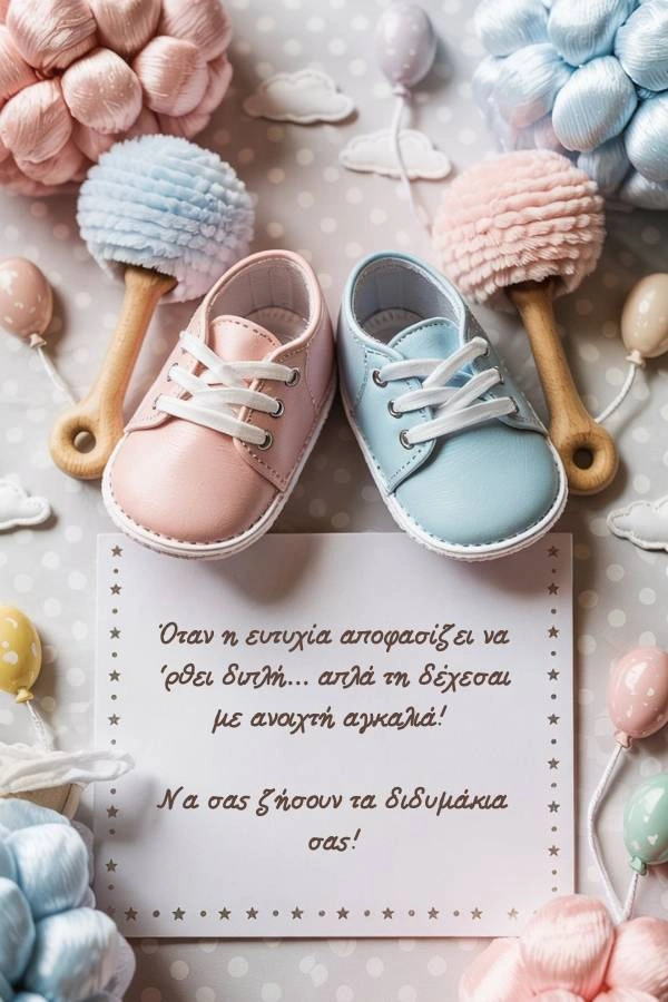 120 Ευχές για Νεογέννητο: Αγόρι, Κορίτσι (Δωρεάν Κάρτες) 8 Ευχετήρια κάρτα για νεογέννητα δίδυμα με ένα ροζ και ένα γαλάζιο παπουτσάκι μωρού, κουδουνίστρες και μπαλόνια. Το κείμενο γράφει: Όταν η ευτυχία αποφασίζει να 'ρθει διπλή... απλά τη δέχεσαι με ανοιχτή αγκαλιά! Να σας ζήσουν τα διδυμάκια σας!