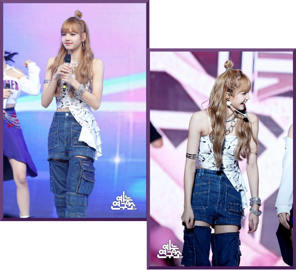 BlackPink Lisa wearing a loose jeans and white top performing at Music Core 2018