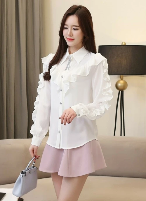 White Ruffled Long Sleeved Blouse | Irene – Red Velvet