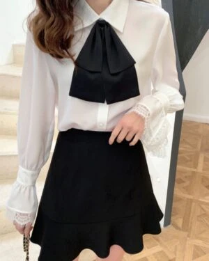 White Bell Sleeve Blouse With Black Bow Tie