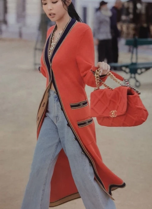 Red Long Cardigan With Black Tape Edging | Jennie – Blackpink