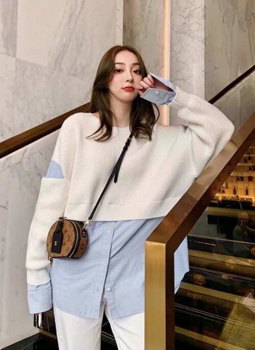 Beige Sweater With Blue Inner Shirt | Nayeon – Twice