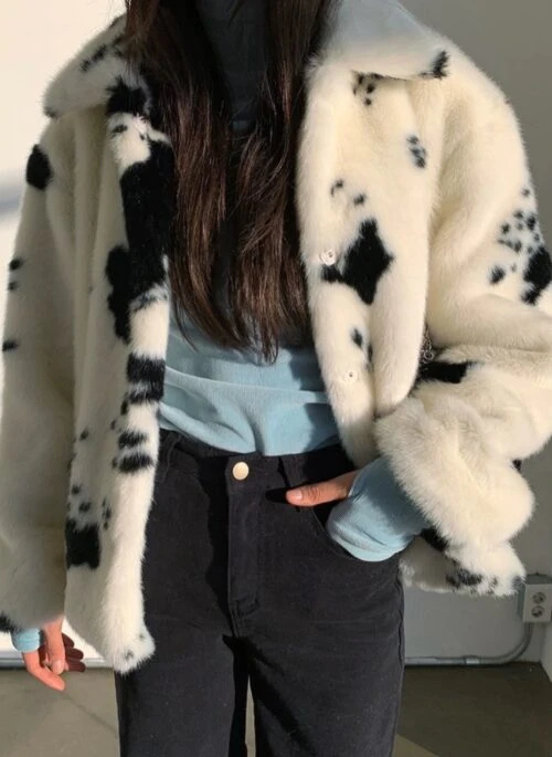 White Cow Print Fur Jacket | Jisoo -BlackPink