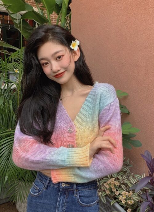 Multicolored Rainbow Dye Cropped Cardigan | Jisoo – BlackPink