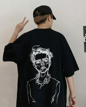 Black Oversized T-Shirt With Man Sketch Print | Taehyung- BTS