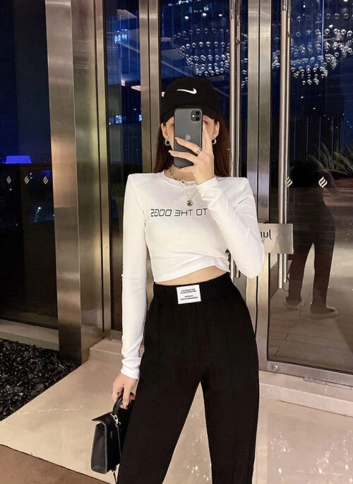 White Go To The Dogs Long Sleeve Crop Top | Hyuna