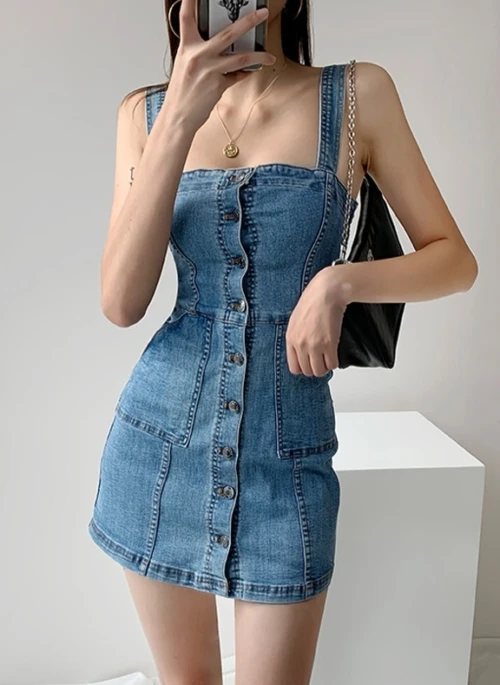 Blue Denim Suspender Dress | Momo – Twice