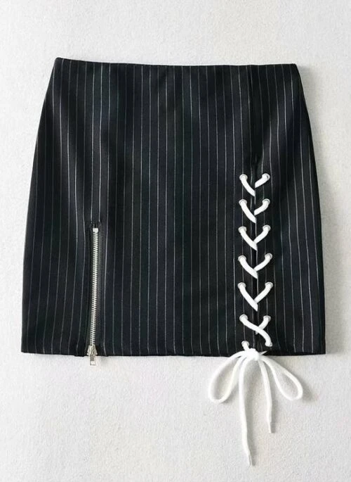 Black Stripe Lace-Up Skirt With Zipper | Jennie – BlackPink