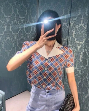 Blue Collared Check Print Blouse | Wendy - Red Velvet